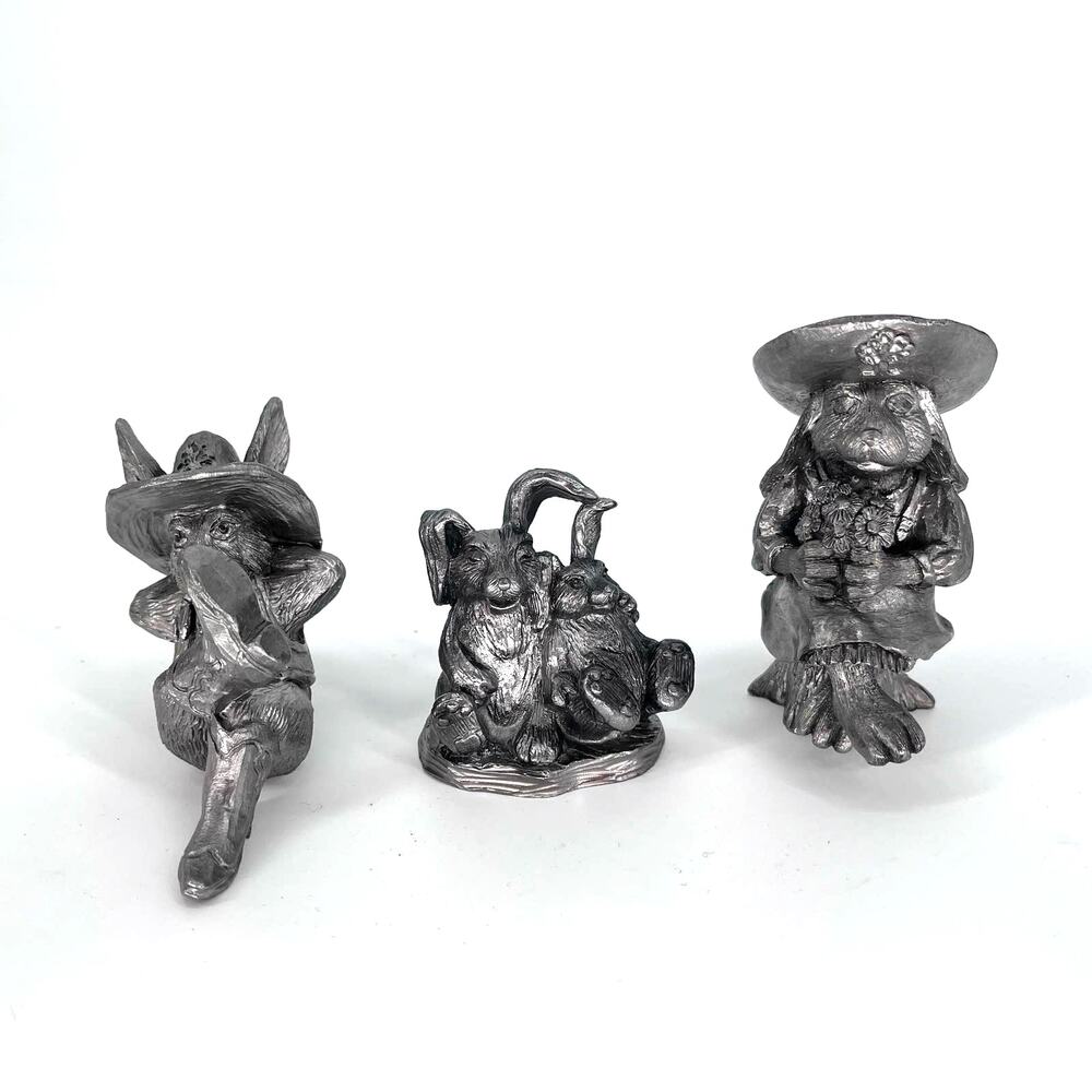 Vintage Michael Ricker Pewter Rabbit Figurines 3pc Set 1000 Oaks w COA